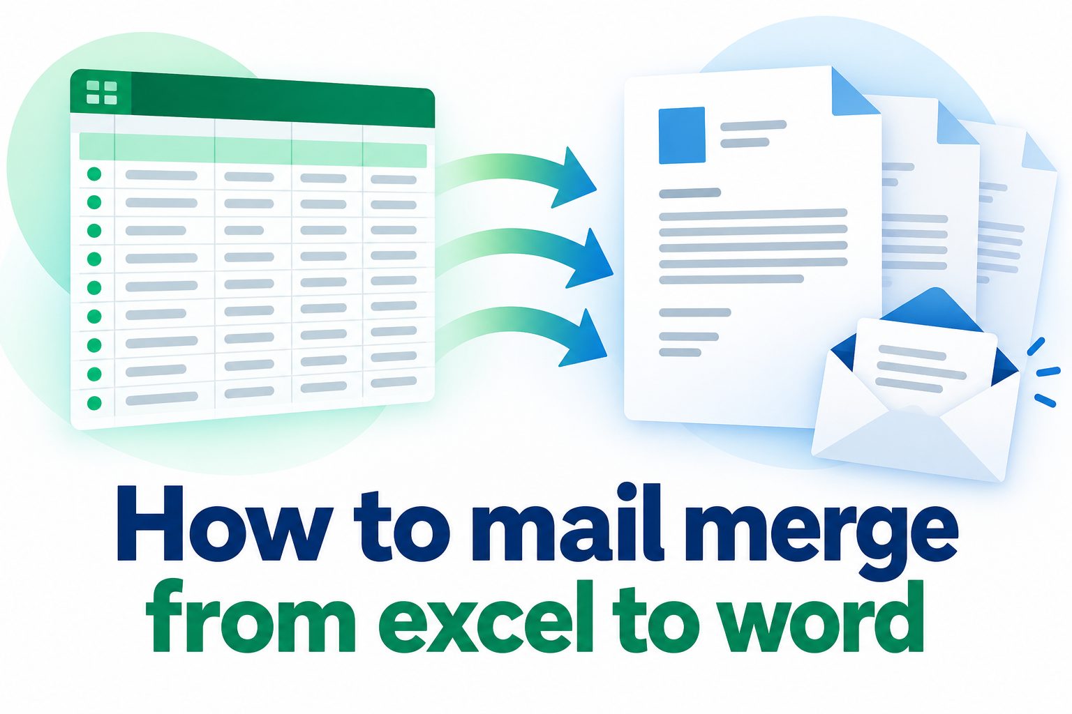 Mail merge from Excel to Word workflow shown with spreadsheet data and Word letters